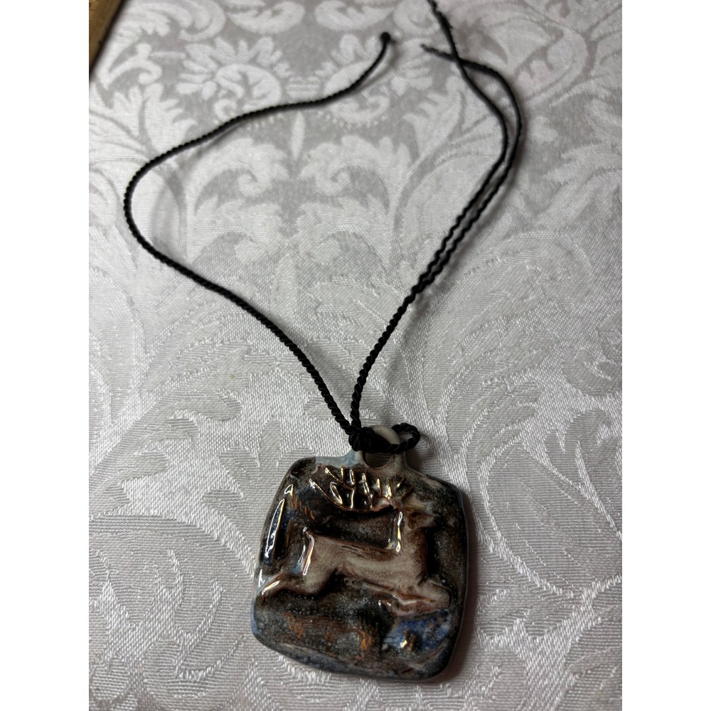Handmade Ceramic Leaping Deer Pendant Gold Accents Blue Brown Glaze no chain